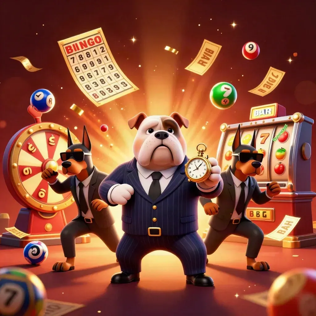 Bulldog boss with Doberman guards amid casino prizes, balls, wheel, and fiery gold glow.