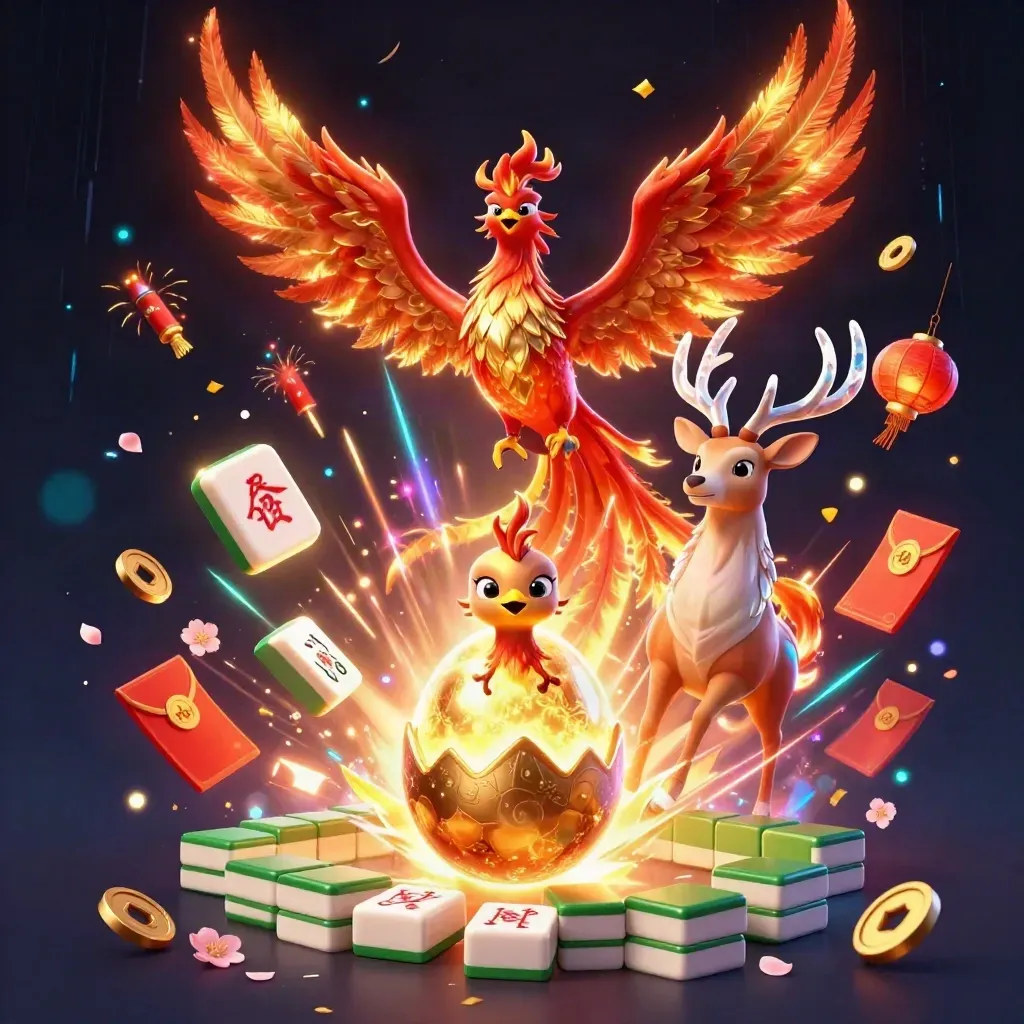 Phoenix, hatching chick, and crystal stag amid casino treasures on a dark navy glow.