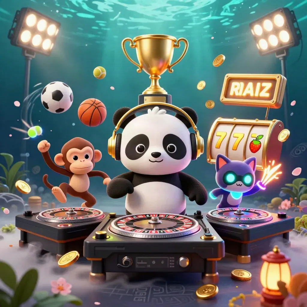 DJ panda, breakdancing monkey and glow-kitten amid coins, sports balls and casino gold glow.