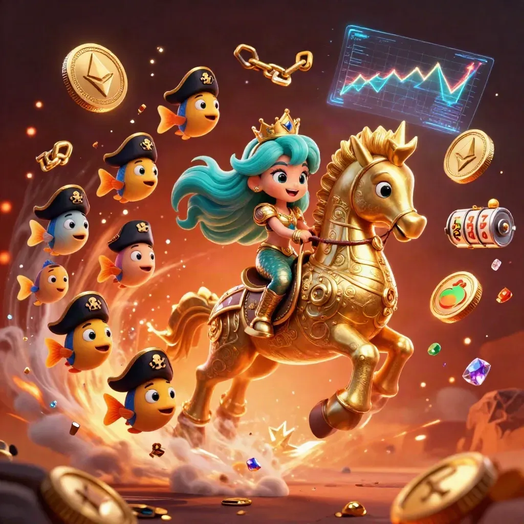 Mermaid princess on a gold seahorse amid pirate fish, coins, lightning, embers, and casino reels