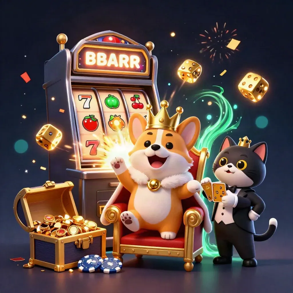 Royal corgi king and cat butler amid exploding casino jackpot treasure, chips, dice, and glowing symbols.