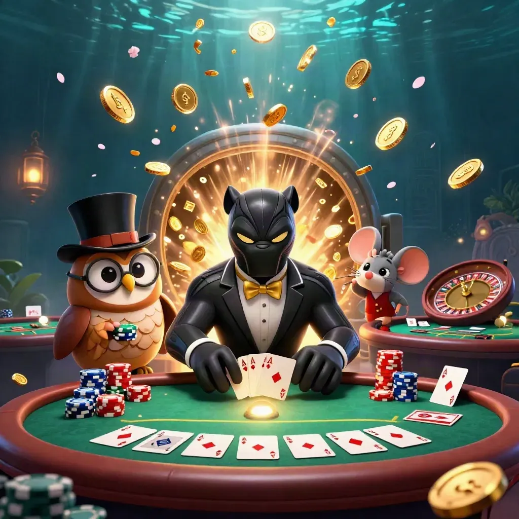 Panther, owl, and mouse celebrate amid vault coins, chips, cards, and fireworks in luxe casino lighting