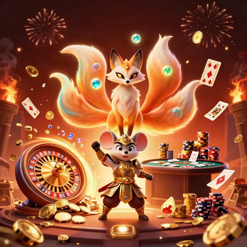 Fox spirit and samurai mouse amid exploding gold coins, roulette wheel, cards, and casino chips