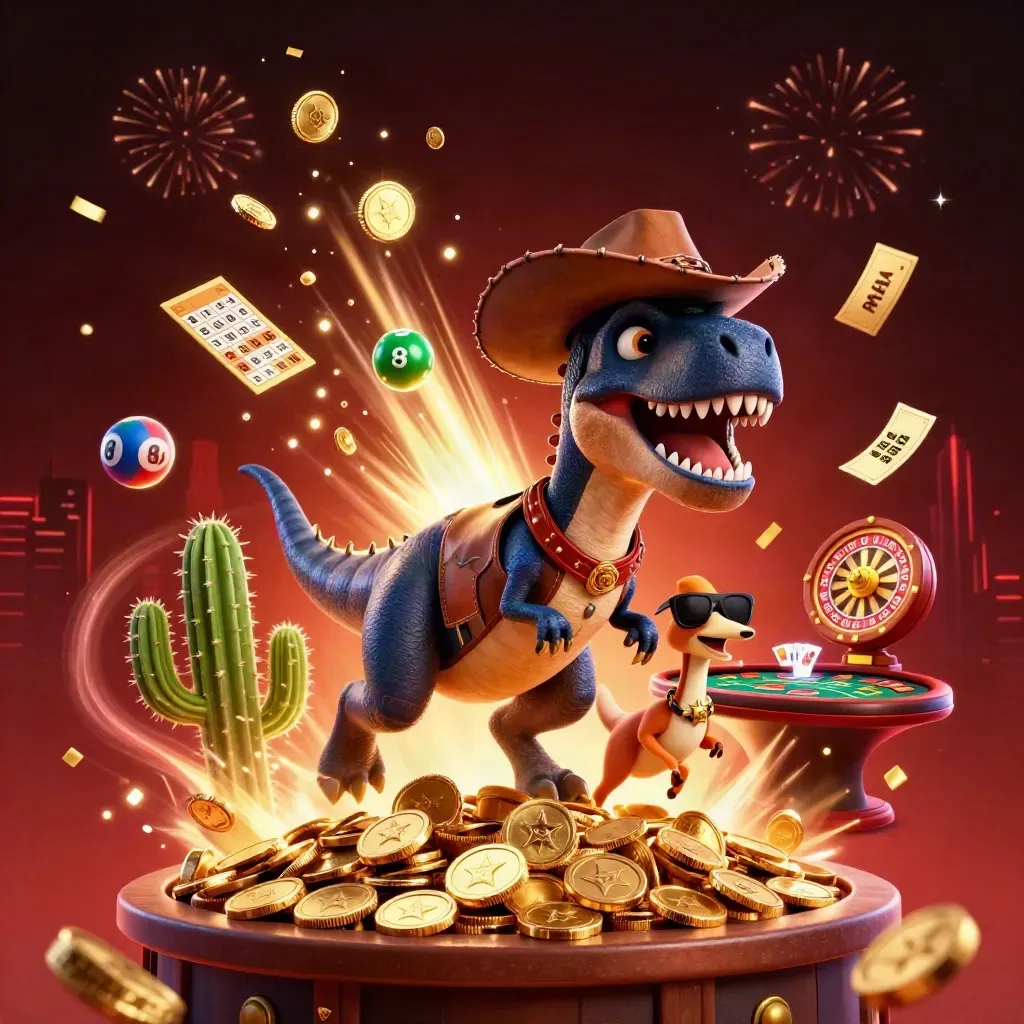 Cowboy T-Rex, cactus, and roadrunner burst through coins, fireworks, and casino lights.