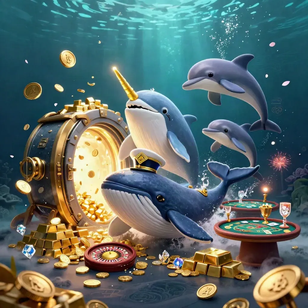 A whale captain, narwhal, and dolphins erupt from coins and a vault in luxe casino lighting.