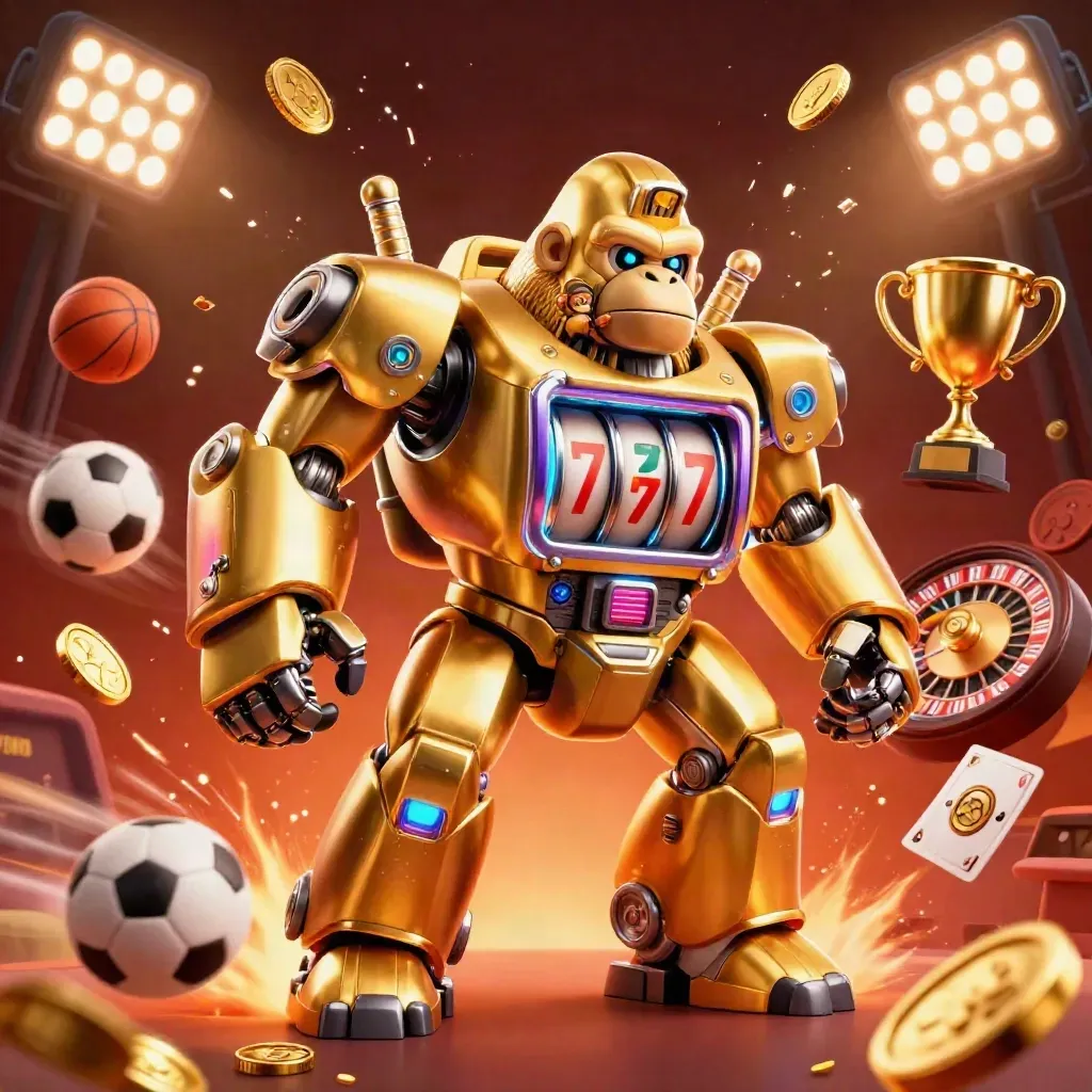 Golden gorilla mech, monkey pilot, coins, roulette, trophy, and casino lights exploding in a dark glow.