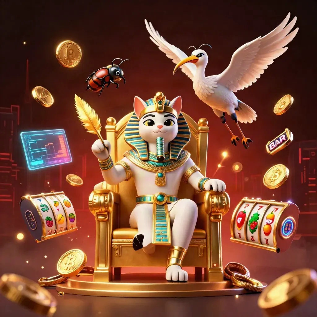 Pharaoh cat on golden throne with ibis scribe, scarabs, neon coins and casino effects