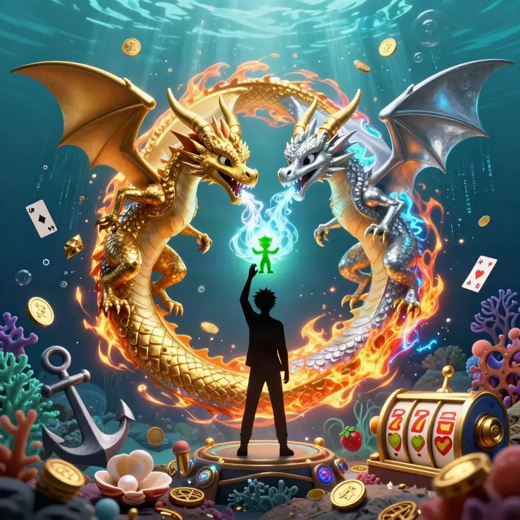 Twin gold and silver dragons spiral in yin-yang over a glowing underwater treasure cove.