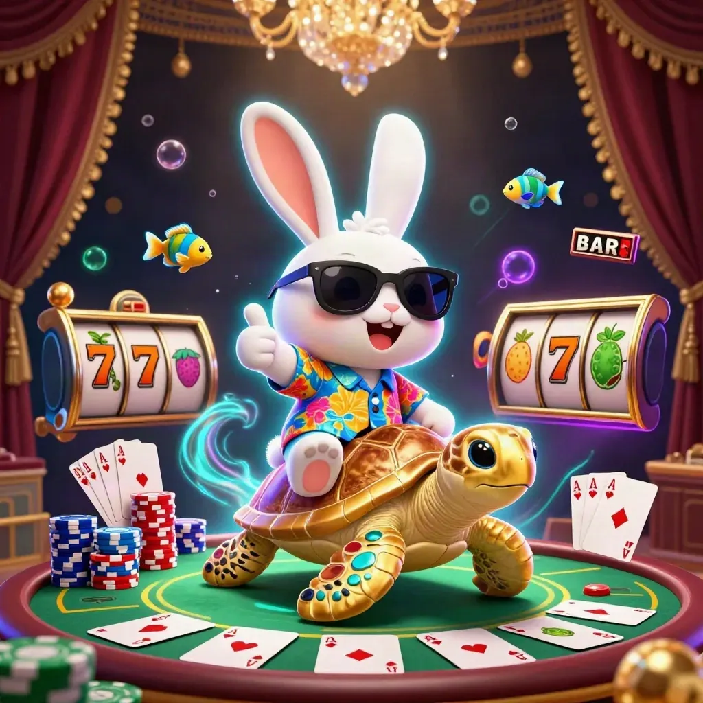 Lucky rabbit rides a golden sea turtle amid poker chips, aces, reels and glowing casino lights.