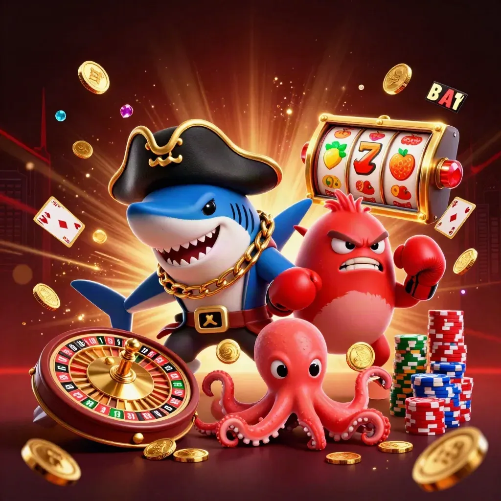 Pirate shark, boxing pufferfish, and coin-juggling octopus amid casino sparks and roulette glow.