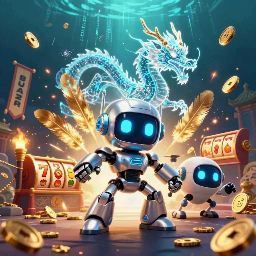 Robot mascot, holographic dragon, and coin drone amid casino symbols and neon energy.