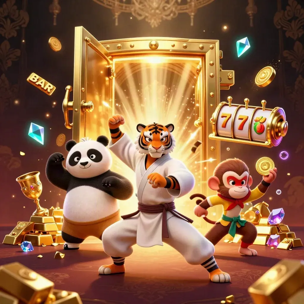 Kung-fu tiger, panda, and monkey amid casino treasure, reels, gold, and glowing vault door.
