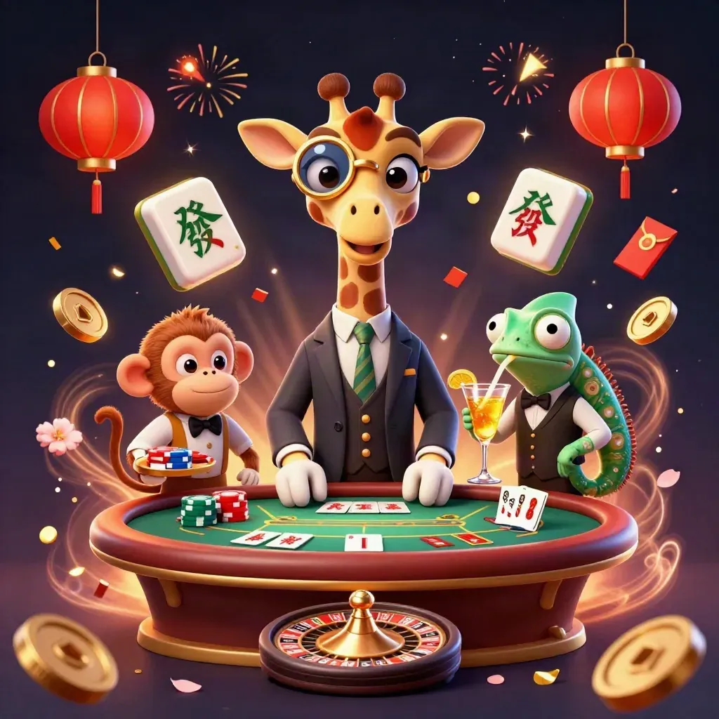 Giraffe high roller, monkey valet, and chameleon bartender amid casino magic and gold sparks.