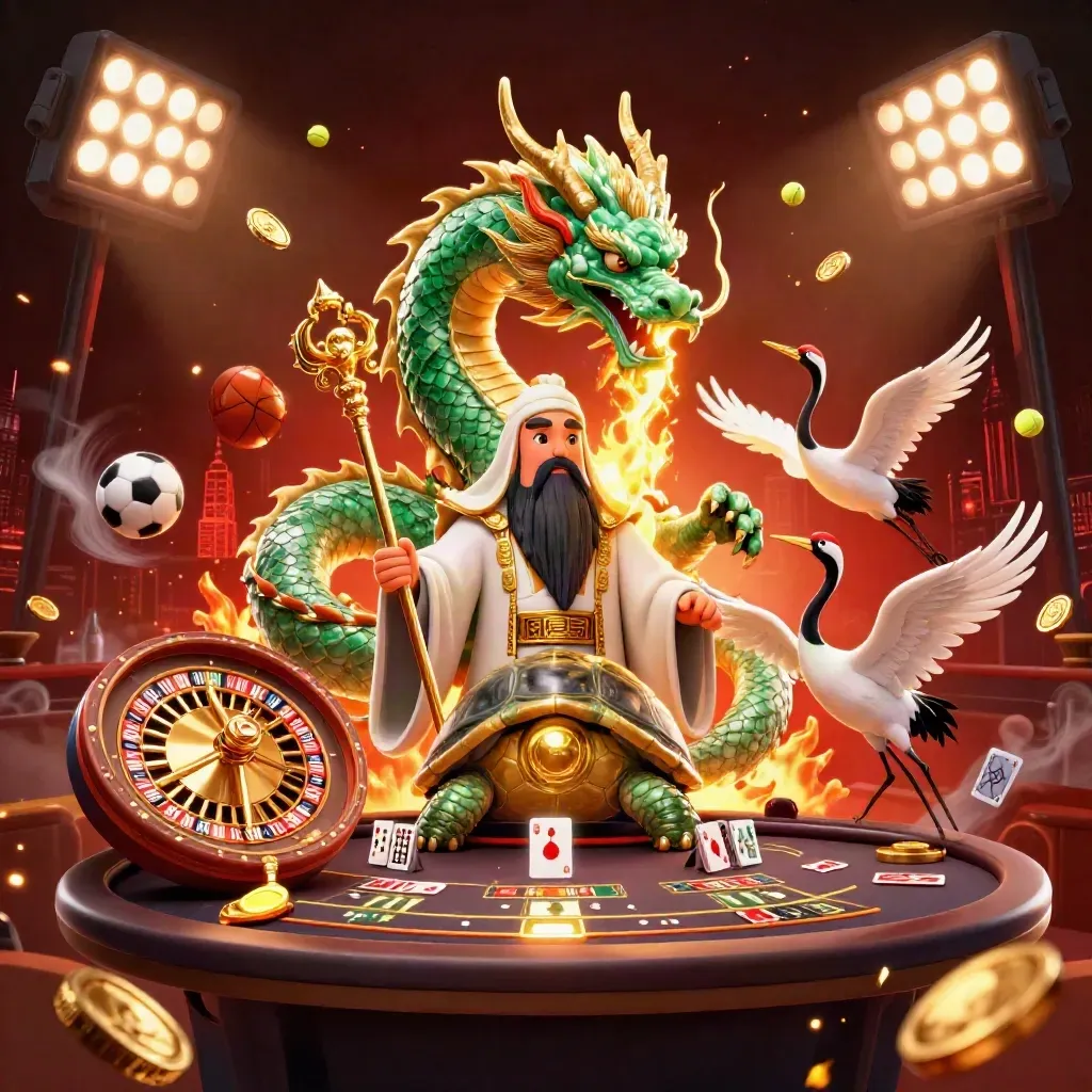 Jade dragon, turtle sage and cranes amid gold coins, roulette wheel and casino lights.