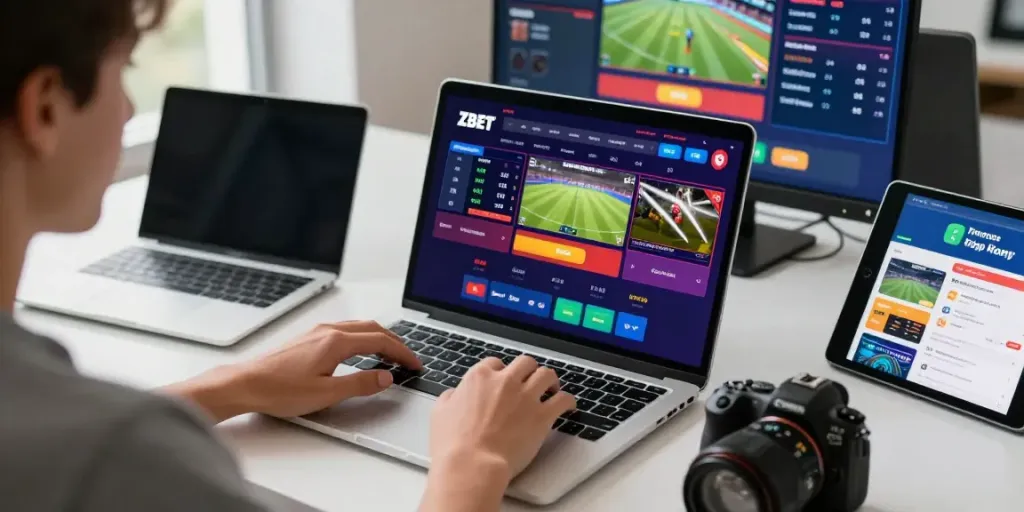 ZBET vua nhà cái online betting scene with user engaging in sports betting, colorful graphics, and digital devices.