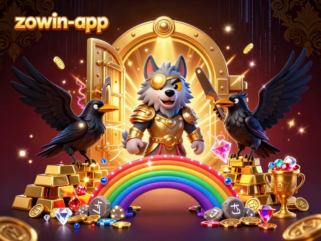 Engage with the spectacular rewards of the zowin-app casino, featuring vibrant characters amid dazzling treasures.