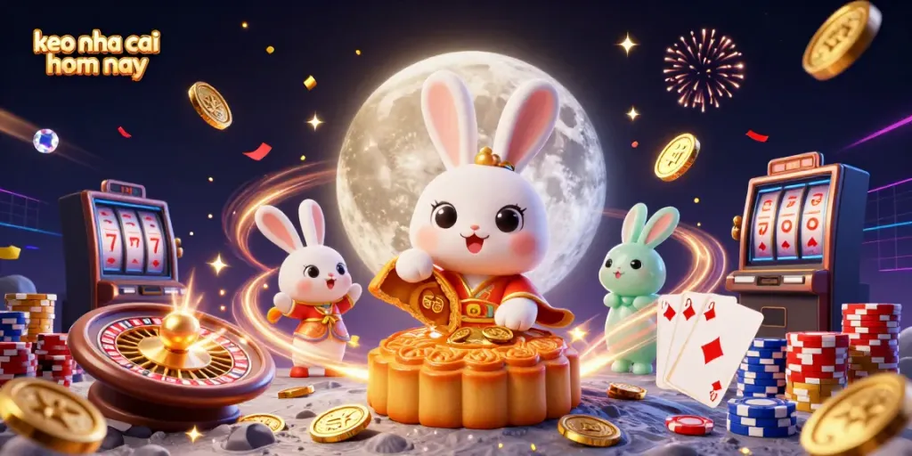 Engage with keo nha cai hom nay as vibrant casino elements surround a moon rabbit celebrating with golden coins and poker chips.