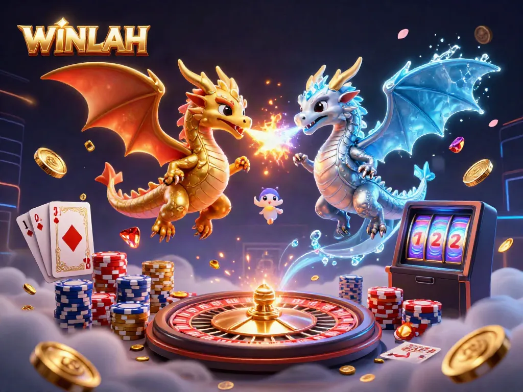 WINLAH 3D dragons battling in a dynamic casino scene with vibrant game elements and gold.