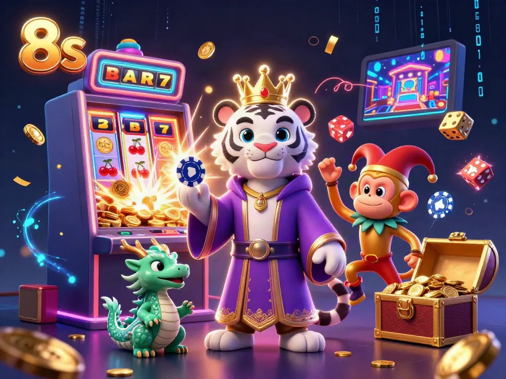 Experience thrilling action in 8s as a regal tiger, playful monkey, and lively jade dragon celebrate amidst slot machine jackpots.