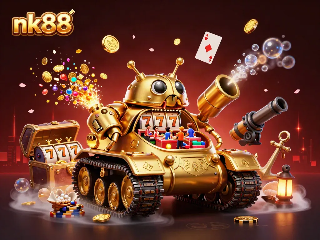 Experience nk88's vibrant gaming atmosphere in this captivating 3D scene filled with casino excitement and treasure.