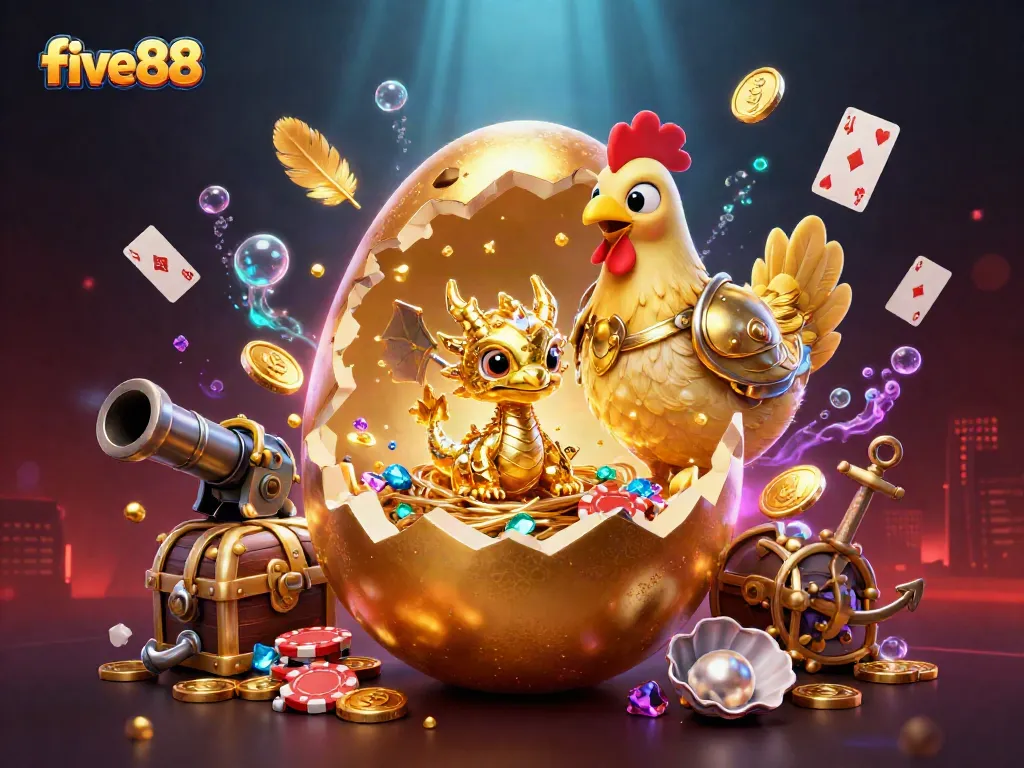 Engage in thrilling games at five88 with a dazzling dragon revealing treasures amidst colorful casino elements.