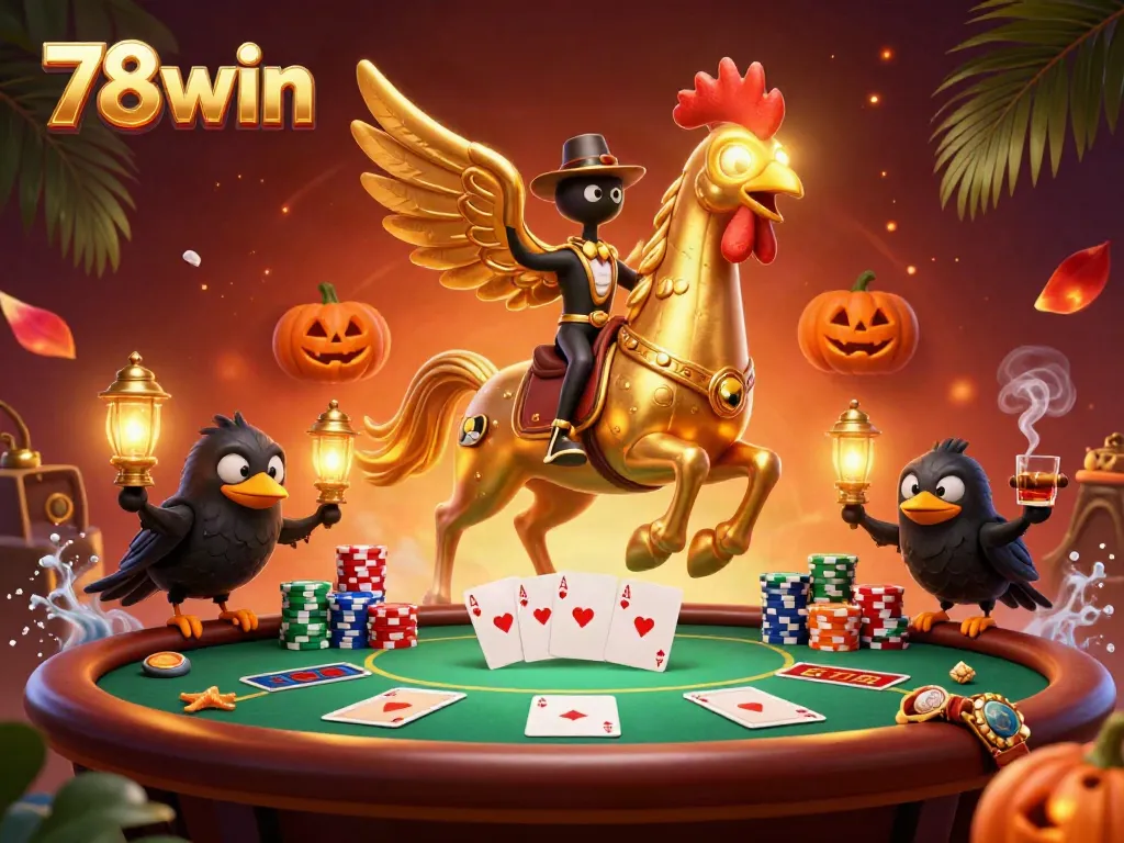 Experience thrilling gameplay at 78win with a golden rooster and spectral horse in a vibrant casino scene.