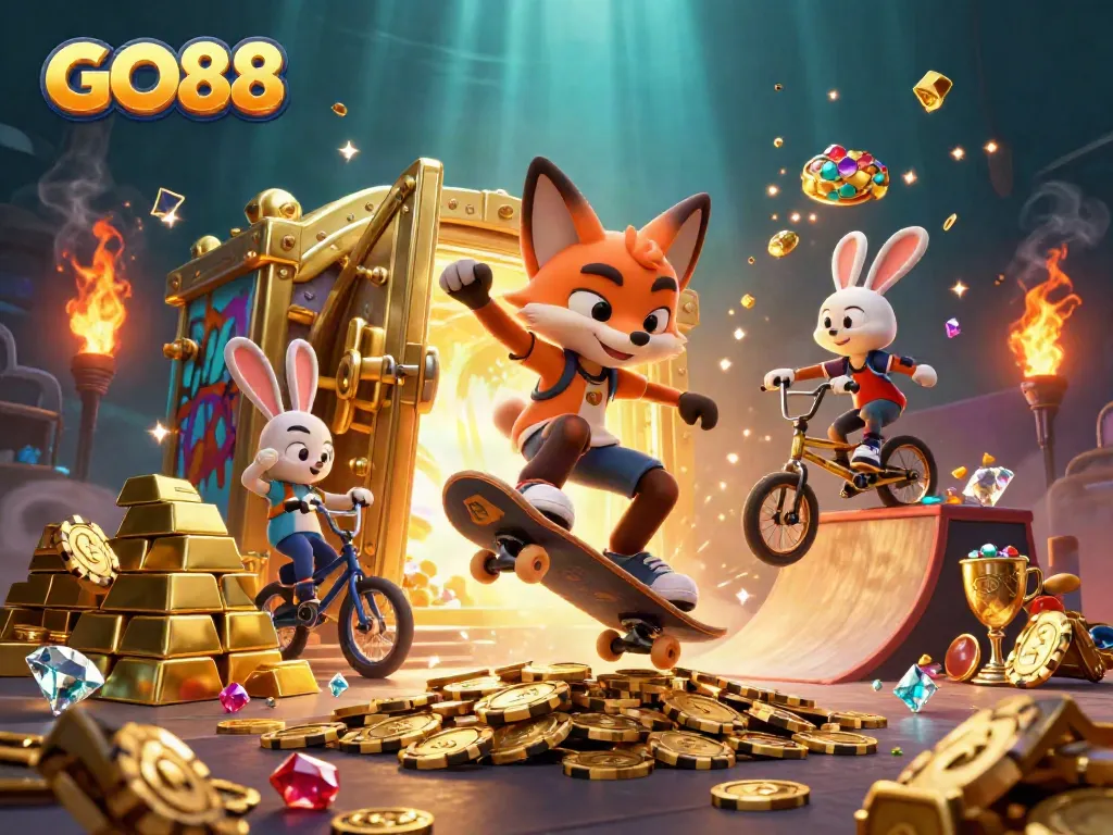 Experience thrilling action with GO88 as a skateboarder fox and BMX rabbit navigate a vibrant casino-themed world.
