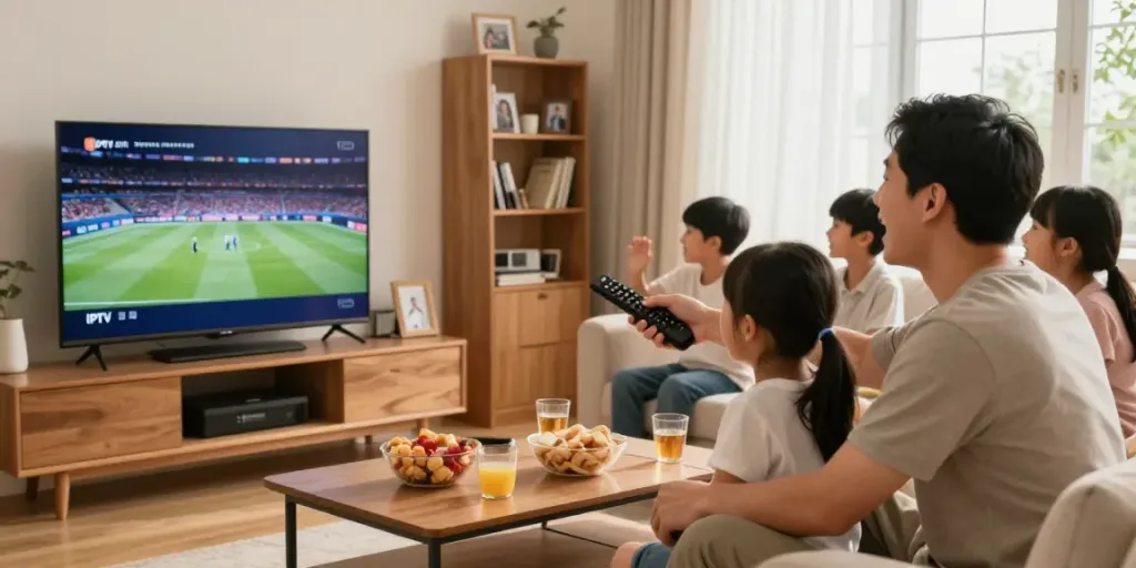 Enjoying USA IPTV with family in a cozy living room, watching sports and movies together.