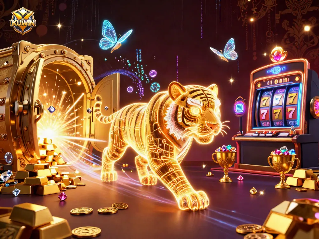 Kuwin players enjoying a vibrant slot machine experience in a dazzling digital casino setting