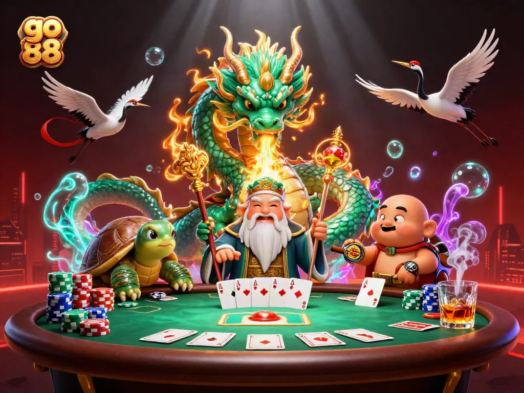 Trải nghiệm GO88 với rồng ngọc lục bảo thổi lửa vàng và ván bài poker rực rỡ.