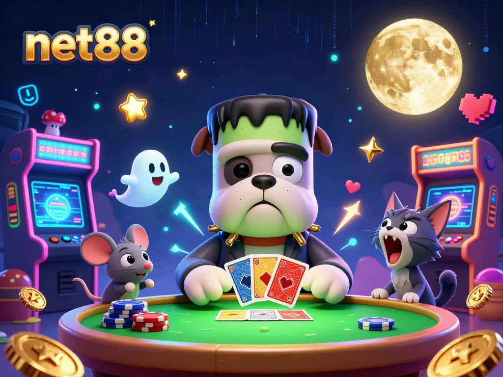 Experience net88 with a thrilling 3D cartoon scene of a Frankenstein bulldog dealer and ghostly elements.
