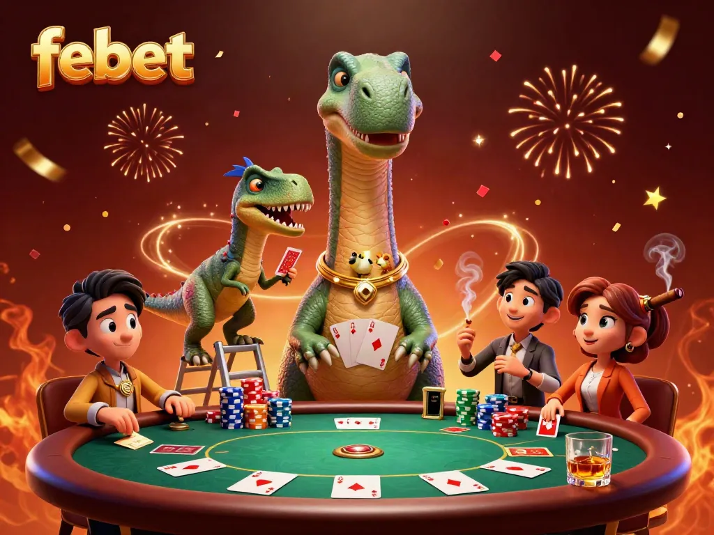 Experience the vibrant excitement of febet, where a brontosaurus oversees a casino poker game.