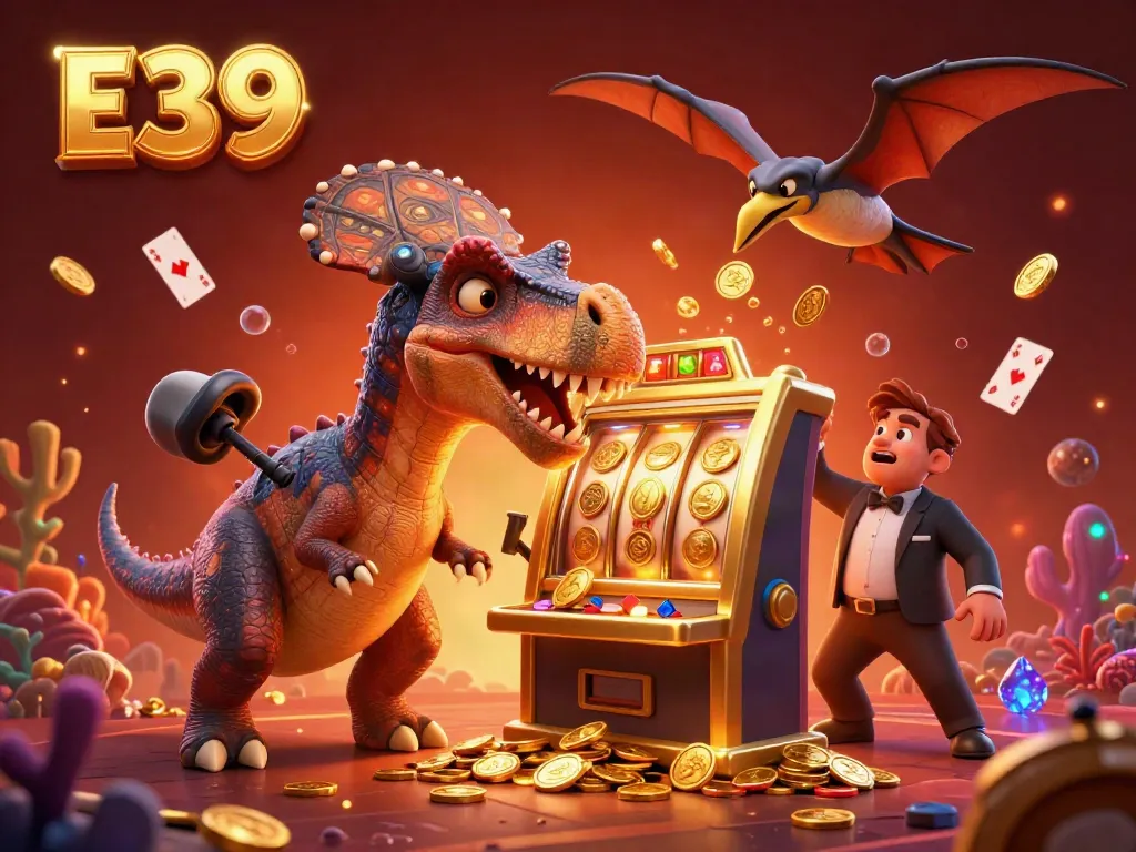 E39 excitement with cartoon dinosaurs at a slot machine winning gold coins in a vibrant casino scene.