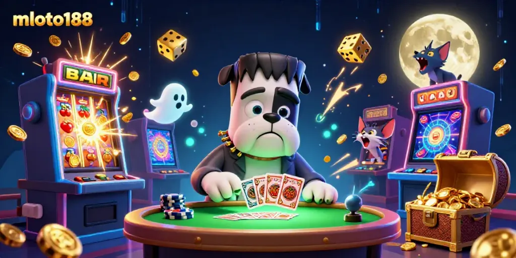 Experience thrilling gameplay at mloto188 with a vibrant casino scene featuring a golden moon and cartoon characters.