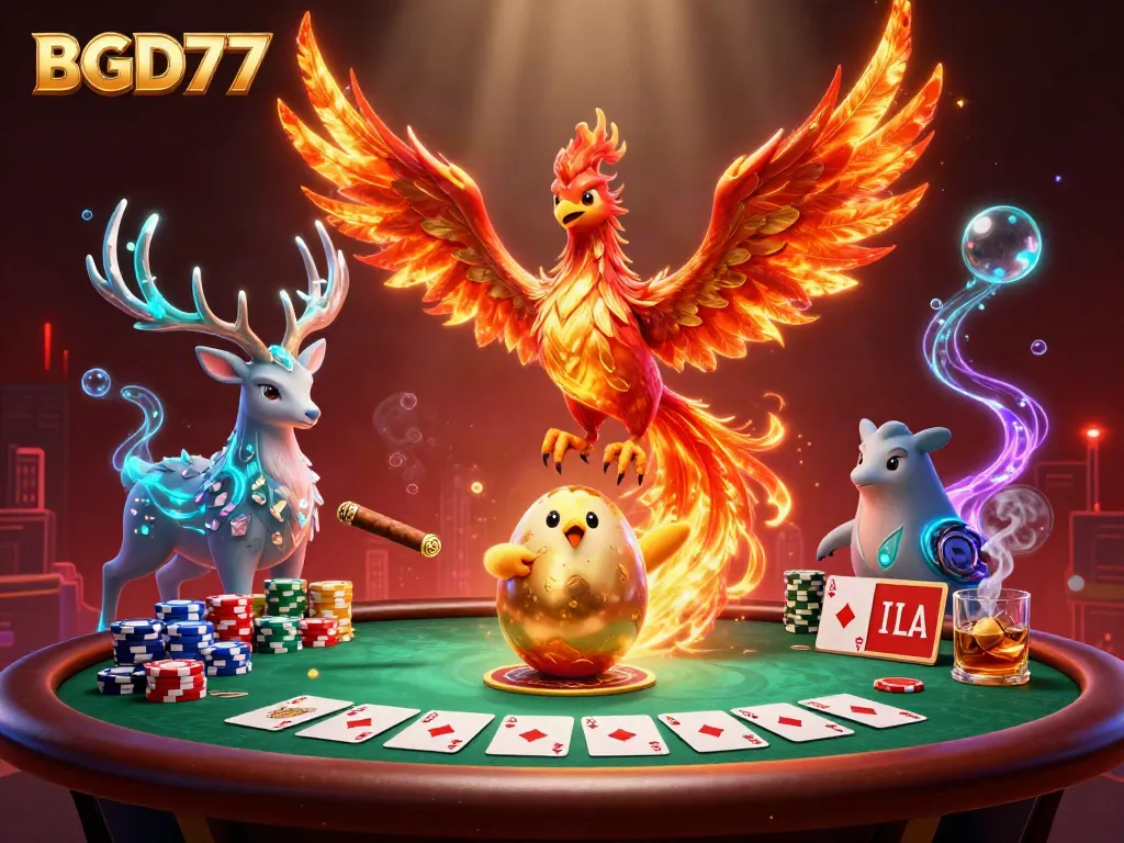 Experience vibrant gaming energy in BGD77 with a phoenix and a mystical stag amidst casino action.