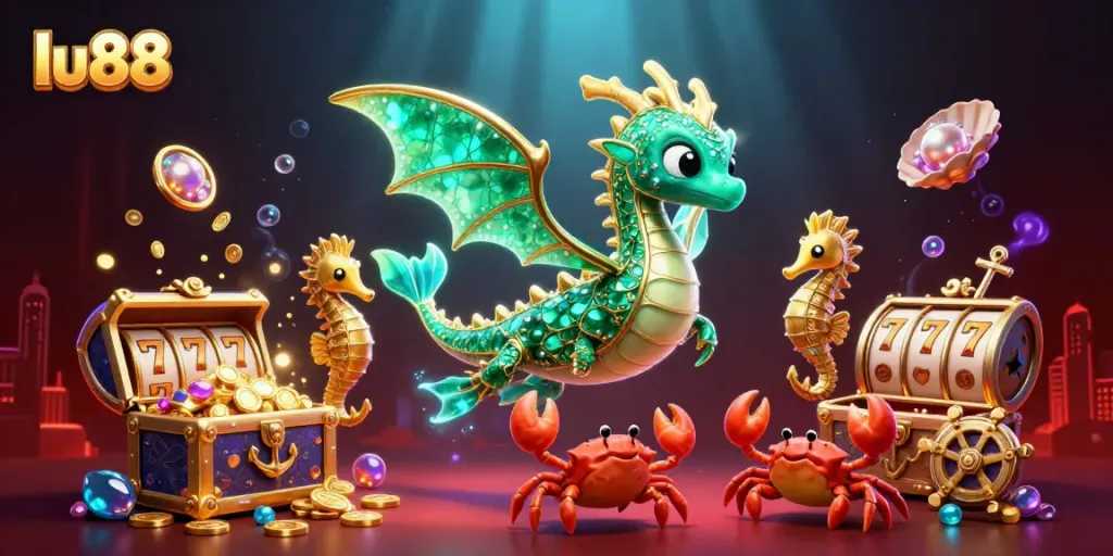 Experience the vibrant thrill of LU88 with a colorful underwater casino scene featuring a dragon and treasure elements.