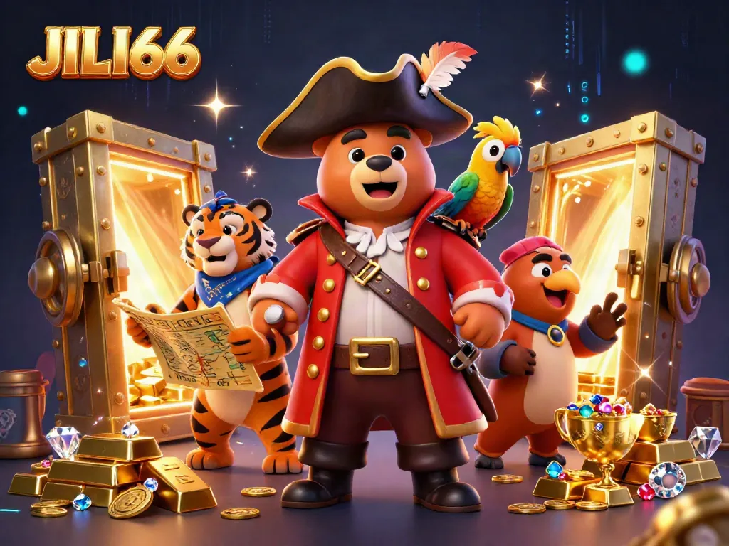 Spin the reels and win with JILI66, a vibrant casino featuring colorful treasures and animated characters.