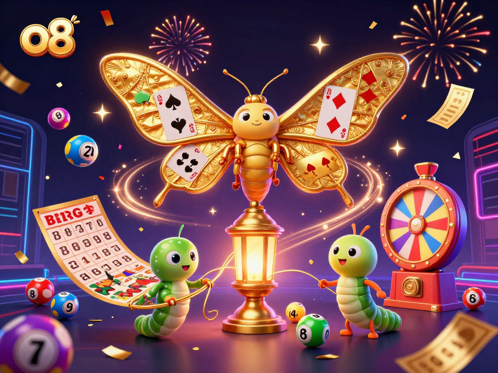 Experience thrilling wins with O8's vibrant casino scene featuring lottery balls and game elements.