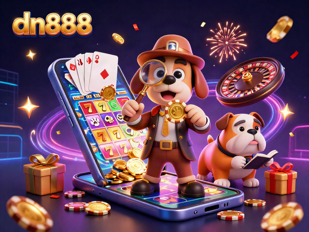 Win with dn888 in this vibrant casino detective scene, uncovering treasures amidst a dynamic gaming atmosphere.