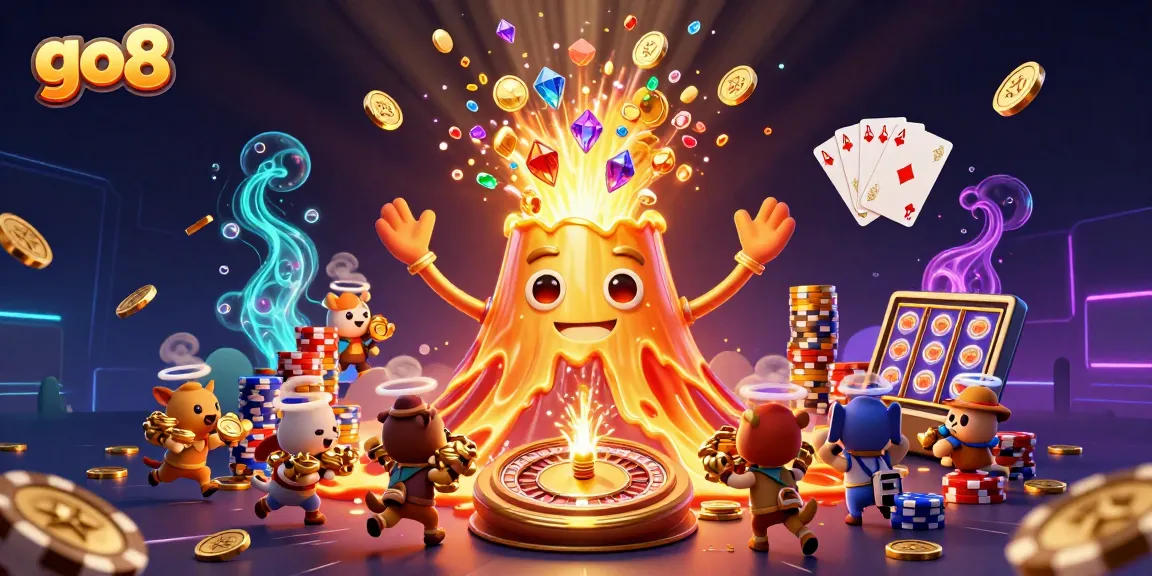 go8 gaming scene with a golden volcano, cascading coins, and thrilling casino elements