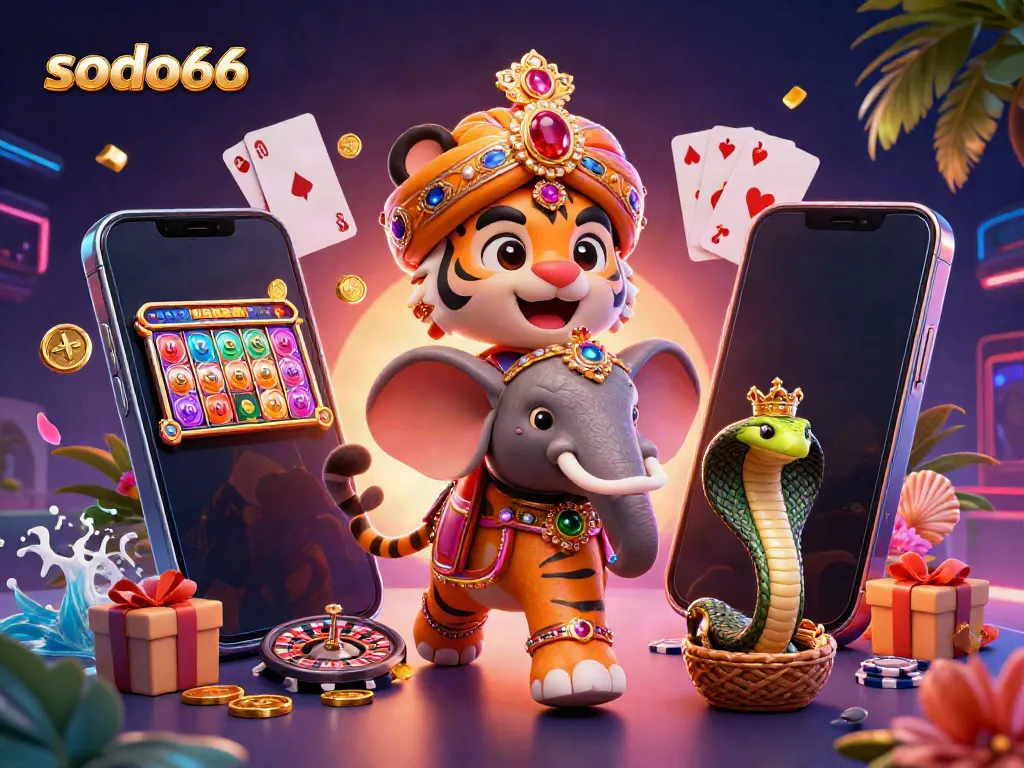 Experience thrilling gameplay at sodo66 with a vibrant scene of a tiger maharaja and casino elements.