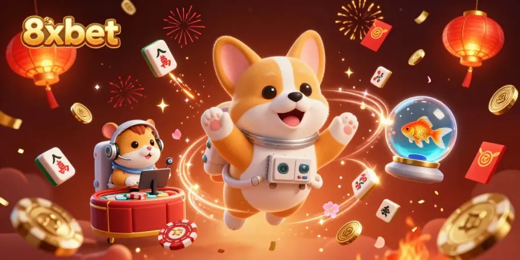 Experience the thrill of 8xbet with a cartoon astronaut corgi in a cosmic casino adventure.