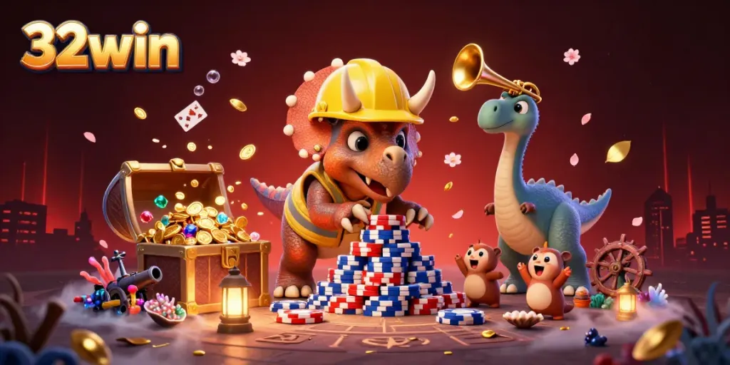 32win celebrates a vibrant casino scene with a triceratops building poker chips, surrounded by treasures.