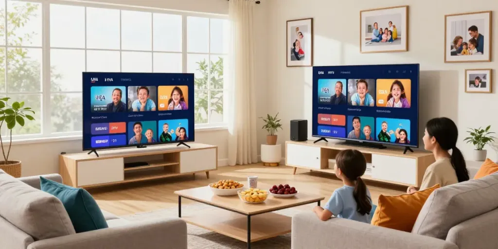 Family enjoying USA IPTV content in a cozy living room with smart TV.