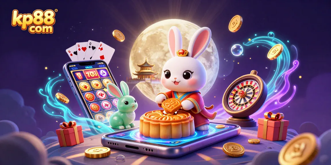 Kp88 com engages players with vibrant casino action, showcasing a moon rabbit theme and colorful slot games.