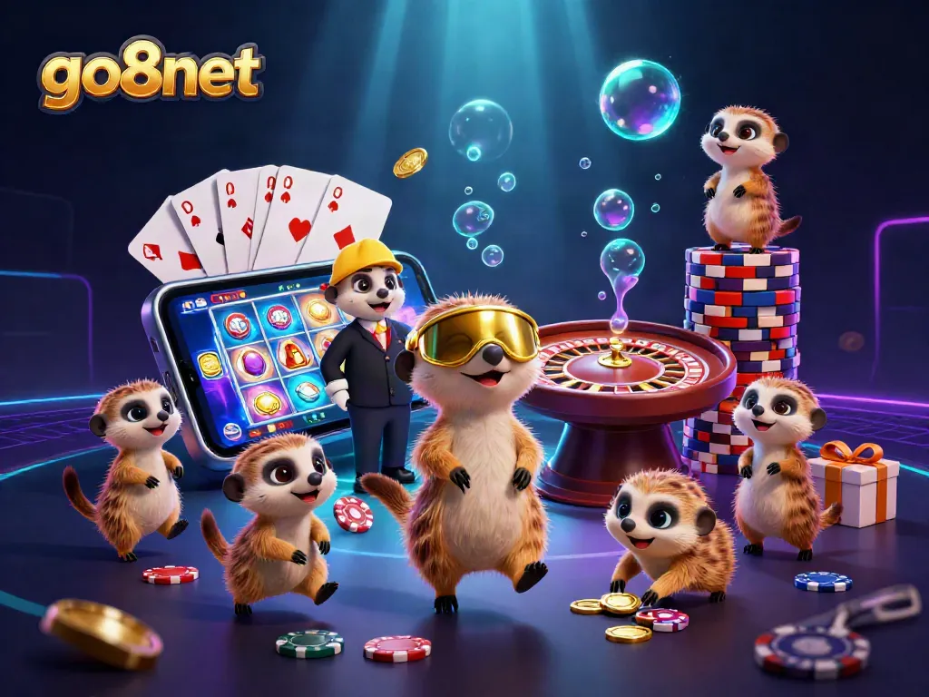 Experience the excitement of go8net with playful meerkats in a vibrant casino setting, showcasing thrilling gaming elements.
