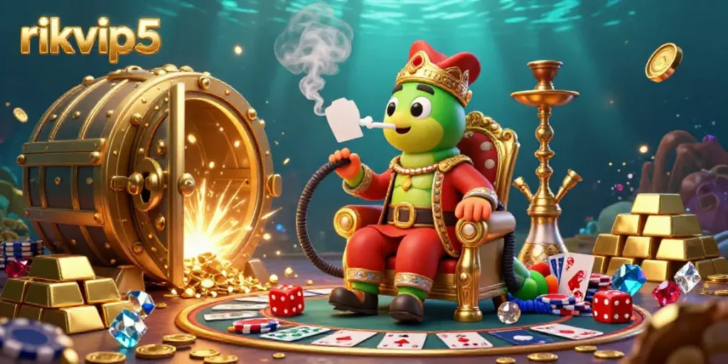 Engage with the dynamic world of rikvip5 through this colorful 3D illustration featuring a massive caterpillar hookah-master amidst dazzling treasures.
