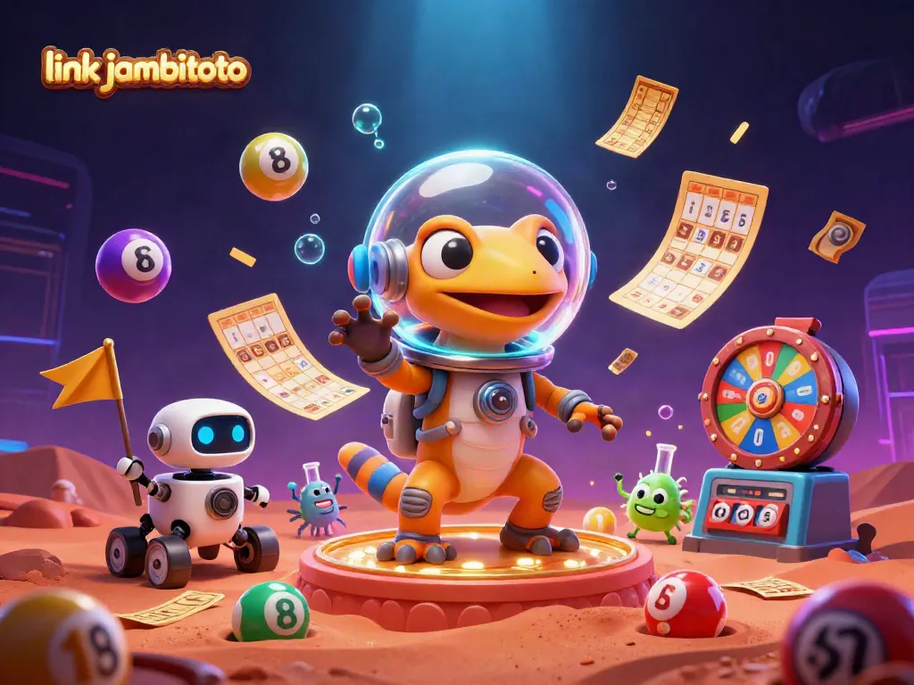 Engage with link jambitoto as Martian gecko discovers a hidden casino in a colorful, vibrant scene.