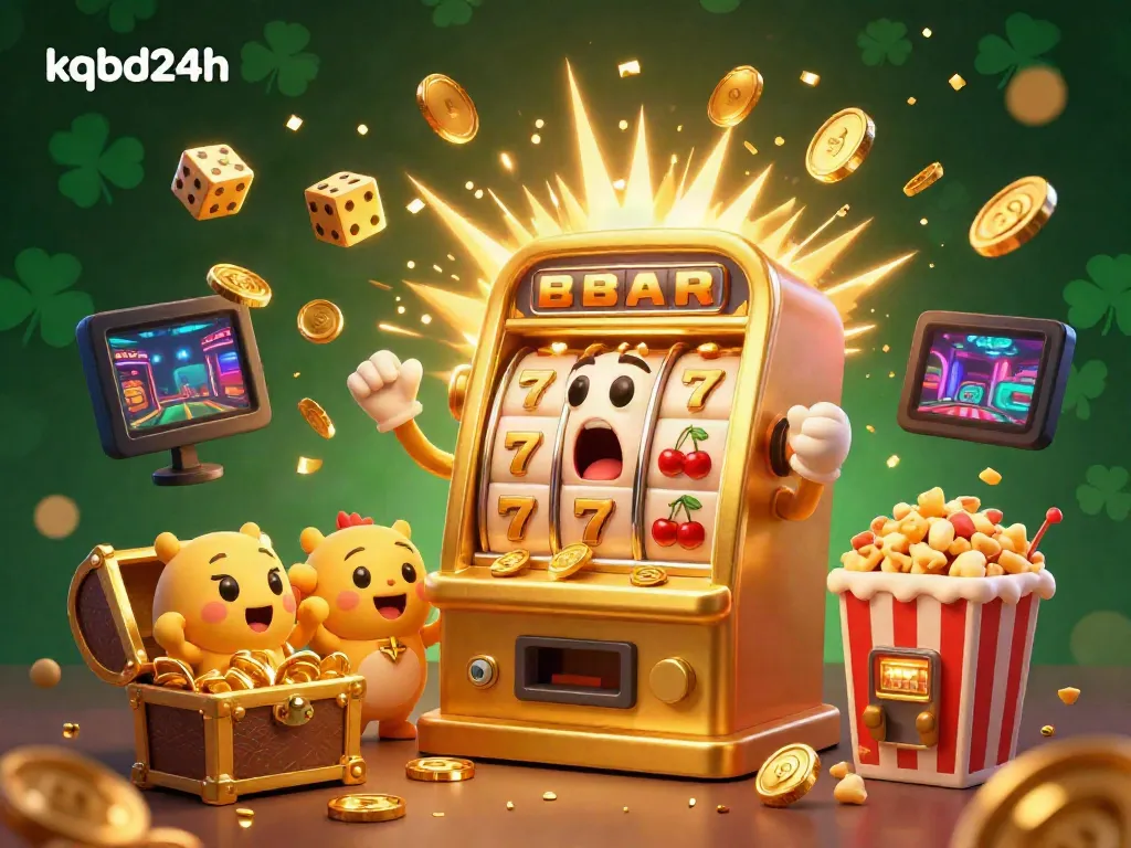 Experience the vibrant excitement of kqbd24h with a celebrated golden slot machine hitting a jackpot amidst cheering baby slots and festive elements.