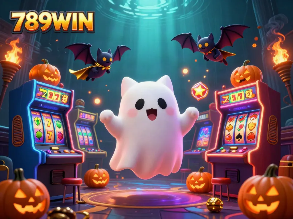 Engage with 789WIN's vibrant haunted casino scene featuring interactive game elements and characters.
